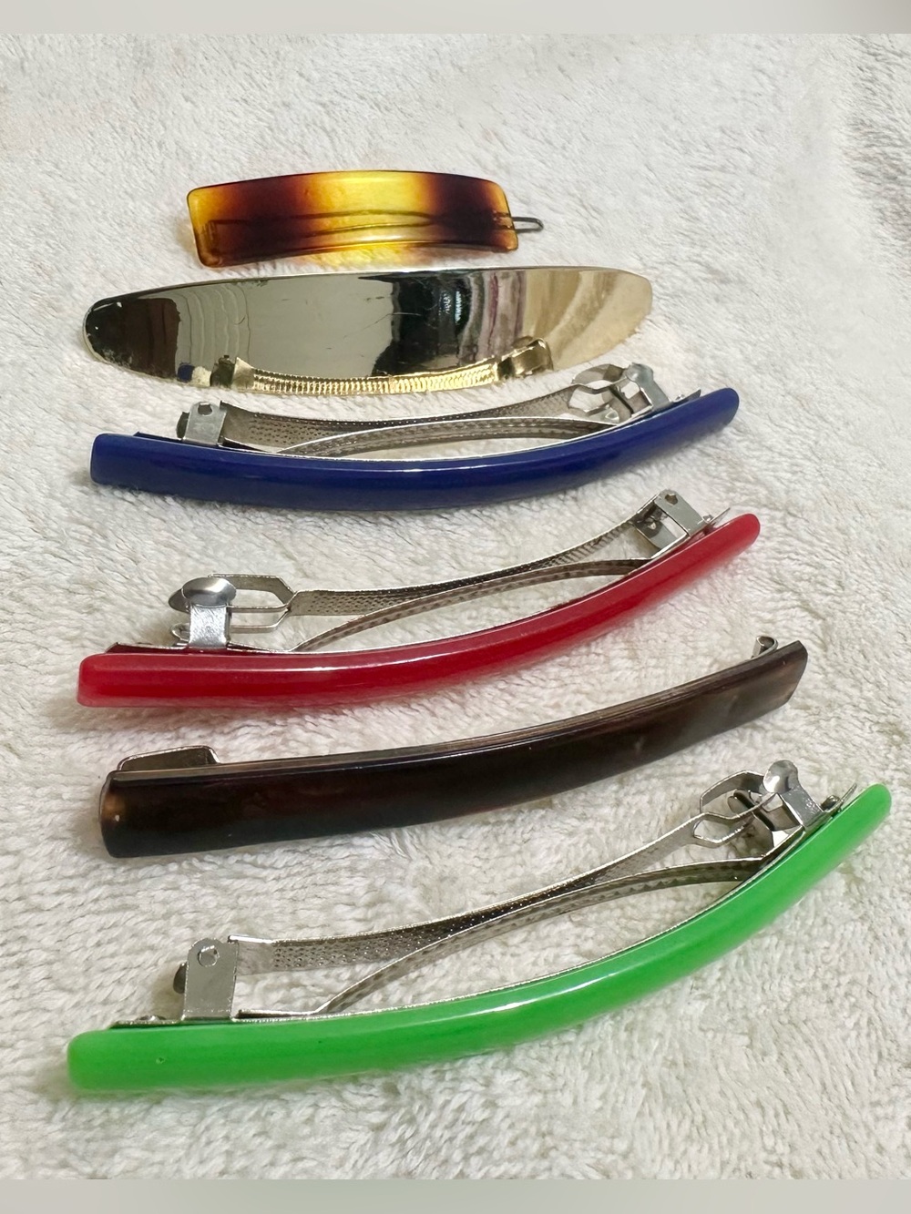 VTG 90s Skinny Barrette Lot 6pc Neon Red Green Blue Gold Tortoise Hair Clips